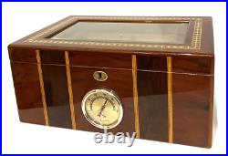 Cigar Humidor Lacquer Wood Glass Top Box withHygrometer Humidifier Cedar Divider