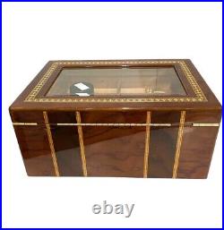 Cigar Humidor Lacquer Wood Glass Top Box withHygrometer Humidifier Cedar Divider