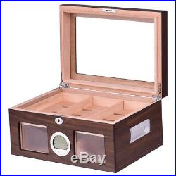 Cigar Humidor Storage Case Safe Display Box Desktop Cedar Glasstop Lockable Wood
