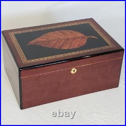 Cigar Humidor Tobacco Leaf Lacquer Wood Table Top Box 13.5w x 9.5d x 6h