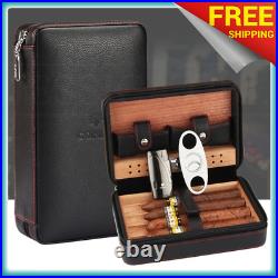 Cigar Humidor Travel Portable Leather Case Cedar Wood Cigars Box Cutter Lighter
