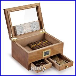 Cigar Humidor W Digital Hygrometer 2 Drawers Cedar Wood Fit 25-50 Cigars
