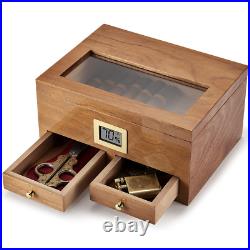 Cigar Humidor W Digital Hygrometer 2 Drawers Cedar Wood Fit 25-50 Cigars