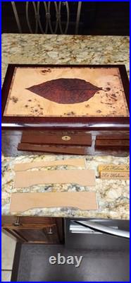 Cigar Humidor with Tobacco Leaf Design Holds Over 25 Cigars With Second Rack