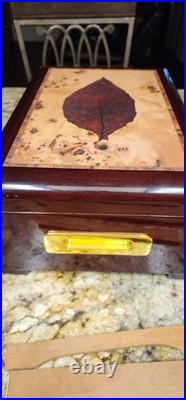 Cigar Humidor with Tobacco Leaf Design Holds Over 25 Cigars With Second Rack