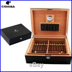 Cohiba Midnight Cigar Humidor, 70+ Black Cedar Cigar Box, Humidifier Hygrometer