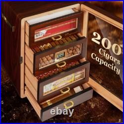 Desktop Cigar Humidor Cabinet 4 Cedar Wood Drawers 200 Cigars Digital
