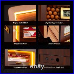 Desktop Cigar Humidor Cabinet Triple-Sided Light with Digital Hygrometer, Humidi