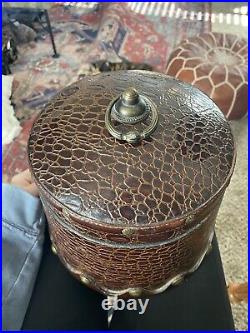 Early 20th Century Round Vintage Crocodile Embossed Leather Lidded Box