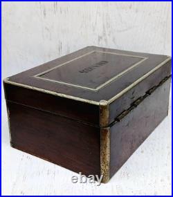 Early Antique Silver Inlaid Carved Wooden Cigar Box Humidor Adirondack Estate