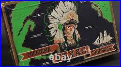 Early Vintage Cogetama Texas Chief Native Indian Tobacco Cigar Wooden Box