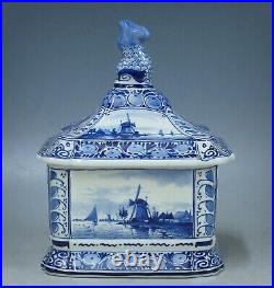 Excellent antique porceleyne fles blue delft tobacco box with landscapes 1911