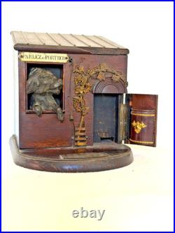 Fab French Rosewood Cigar Box c 1880 Dog House w Bronze Dog Parlez au Portier