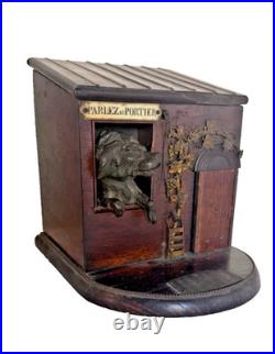 Fab French Rosewood Cigar Box c 1880 Dog House w Bronze Dog Parlez au Portier