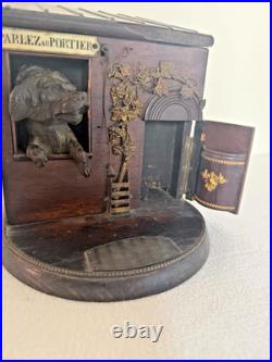 Fab French Rosewood Cigar Box c 1880 Dog House w Bronze Dog Parlez au Portier