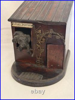 Fab French Rosewood Cigar Box c 1880 Dog House w Bronze Dog Parlez au Portier
