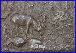 Fine Antique Box, Bas Relief Cast of Stag, Mountain Scene Set in Lid, Cigars