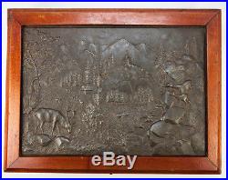 Fine Antique Box, Bas Relief Cast of Stag, Mountain Scene Set in Lid, Cigars
