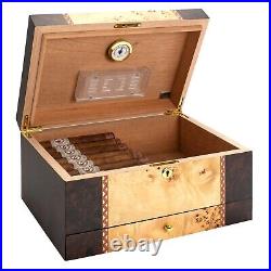 Florina Cigar Humidor Wood Box, Walnut and Mappa Burl Wood 80 Cigars Storage