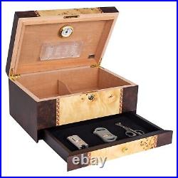 Florina Cigar Humidor Wood Box, Walnut and Mappa Burl Wood 80 Cigars Storage