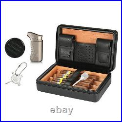 Galiner Travel Cigar Humidor Leather Case Cedar Lined 4ct Lighter Humidifier Box