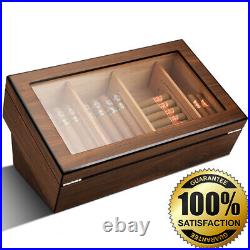 Glass Top Cigar Humidor Box Hygrometer Humidifier Desktop Cedar Wood Storage Saf