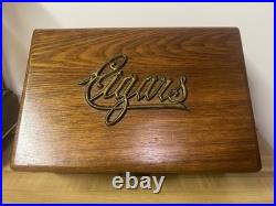 Handsome Antique Oak Cigar Humidor Brass Cigars Art Deco Script Lid Tin Lined