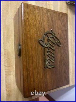 Handsome Antique Oak Cigar Humidor Brass Cigars Art Deco Script Lid Tin Lined