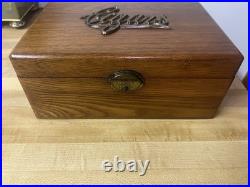 Handsome Antique Oak Cigar Humidor Brass Cigars Art Deco Script Lid Tin Lined