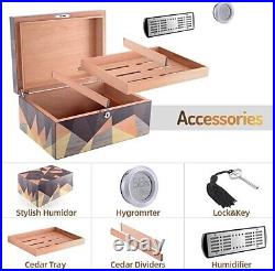 Humidors Cabinet Cigar Humidor Box for 100 Counts w Digital Hygrometer Geometric