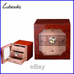 LUBINSKI Cedar Wood Cigar Humidor Case Box 3 Drawer Cabinet Humidifier 100 Cigar