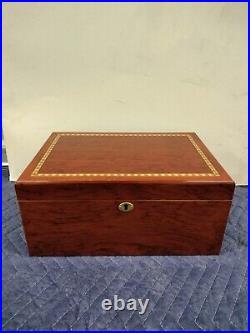 Lacquered Brown Wood With Decorative Wood Inlay Border Cigar Humidor Box With