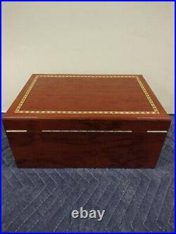 Lacquered Brown Wood With Decorative Wood Inlay Border Cigar Humidor Box With