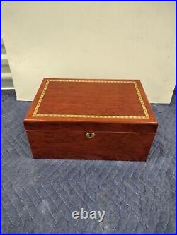 Lacquered Brown Wood With Decorative Wood Inlay Border Cigar Humidor Box With