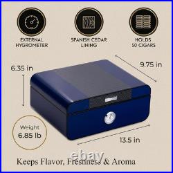 Landon Blue Carbon Fiber Cigar Humidor, 50-Cigar Box with Hygrometer