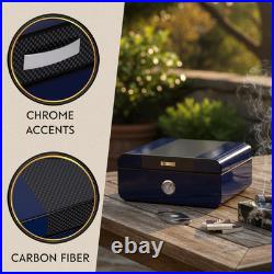 Landon Blue Carbon Fiber Cigar Humidor, 50-Cigar Box with Hygrometer