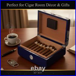 Landon Blue Carbon Fiber Cigar Humidor, 50-Cigar Box with Hygrometer