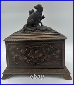 Large Antique German Black Forest Cigar Box Humidor 19th C. Carved Wood 5 Trays