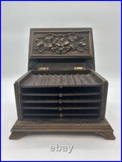 Large Antique German Black Forest Cigar Box Humidor 19th C. Carved Wood 5 Trays