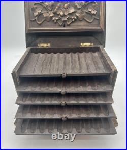 Large Antique German Black Forest Cigar Box Humidor 19th C. Carved Wood 5 Trays