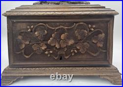 Large Antique German Black Forest Cigar Box Humidor 19th C. Carved Wood 5 Trays