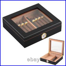 Large Black Wood Cigar Humidor Glasstop Storage Box with Humidifier Hygrometer