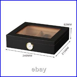 Large Black Wood Cigar Humidor Glasstop Storage Box with Humidifier Hygrometer