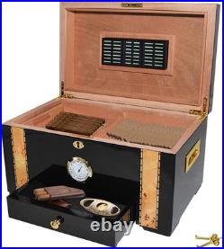 Large Ebony Cigar Humidor with Cedar Interior, Hygrometer & Accessory Drawer