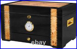 Large Ebony Cigar Humidor with Cedar Interior, Hygrometer & Accessory Drawer