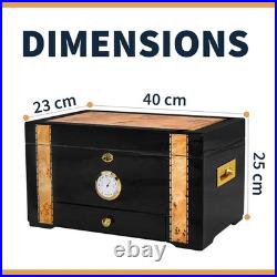 Large Ebony Cigar Humidor with Cedar Interior, Hygrometer & Accessory Drawer