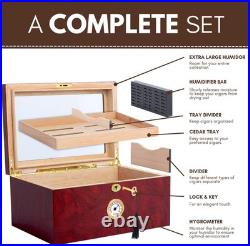 Large Glass-Top Cigar Humidor Humidifier Box for up to 100 Cigars with Hygromete