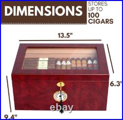 Large Glass-Top Cigar Humidor Humidifier Box for up to 100 Cigars with Hygromete