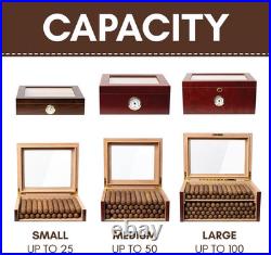Large Glass-Top Cigar Humidor Humidifier Box for up to 100 Cigars with Hygromete