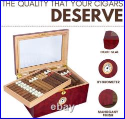 Large Glass-Top Cigar Humidor Humidifier Box for up to 100 Cigars with Hygromete